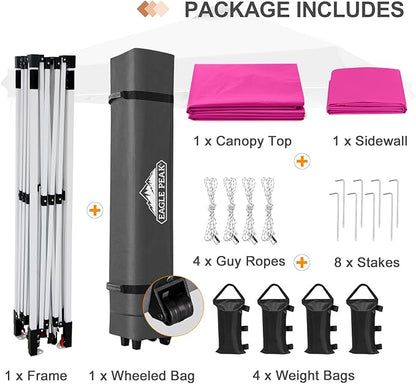 EAGLE PEAK Pop Up Canopy Tent with 1 Sidewall, Easy Setup Event Tent, Outdoor Sun Shade, Wheeled Carry Bag, Stakes and Guy Ropes, Instant Canopy 12x12, Pink