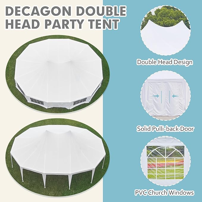 EROMMY 29x23ft Party Tent, White Wedding Tent, Dodecagonal Heavy Duty Canopy with Removable Sidewalls, 10 Church Windows and 2 Pull-Back Doors, Outdoor Gazebo Pavilion Shelter Tent for Party, Event