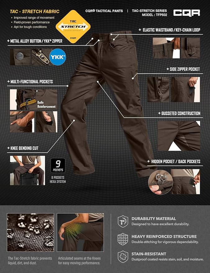CQR Men's Flex Stretch Tactical Pants, Water Resistant Ripstop Cargo Pants, Lightweight EDC Outdoor Work Hiking Pants