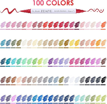 100 Colors Brush & Fine Tip Acrylic Paint Pens, Dual Tip Acrylic Paint Markers for Paper, Wood, Canvas, Stone, Rock, Glass, Fabric, DIY, Ceramic, Art Supplies for Adults Drawing