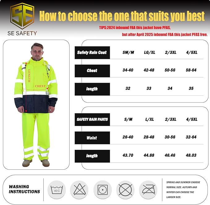 sesafety Hi Vis Rain Jacket, Rain Suits for Men Waterproof withBlack Bottom, Rain Coats for Men Interior Mesh, Class 3 HighVisibility Rain Gear,Removable Hood