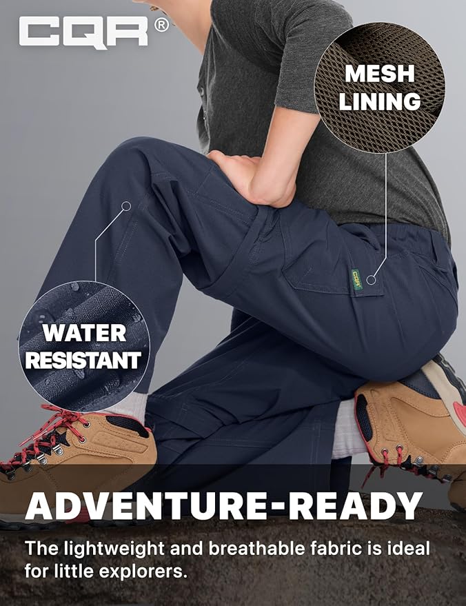 CQR Kids Youth Hiking Cargo Pants, UPF 50+ Quick Dry Convertible Zip Off Pants, Outdoor Camping Pants