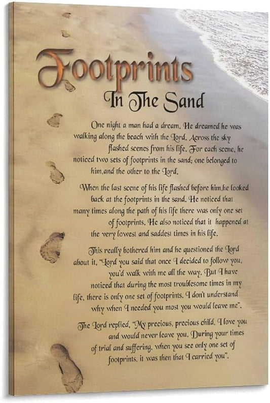 Footprints in the Sand Religious Canvas Wall Art Posters, Inspirational Beach Sunset Poem Print Poster (Framed 24x36inch, Footprints(3))