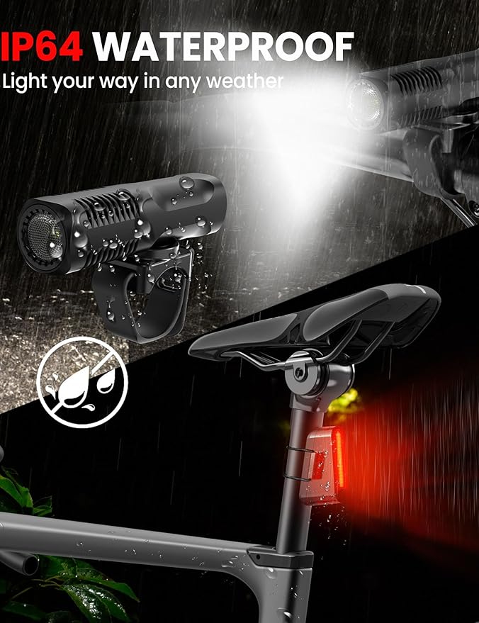 Bike Lights Front and Back Set, 8+5 Modes USB-C Rechargeable Bicycle Headlight and Tail Light, IP64 Waterproof LED Safety Lights for Night Riding, Road & Mountain Cycling Accessories, Easy to Install