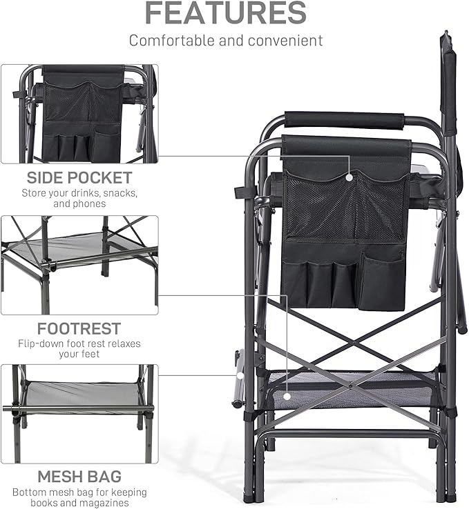 EVER ADVANCED 30.7" Seat Height Directors Chair for Makeup Artist with Side Table Easy Get in Out for Elderly Tall Camping Chair Supports 350lbs Black