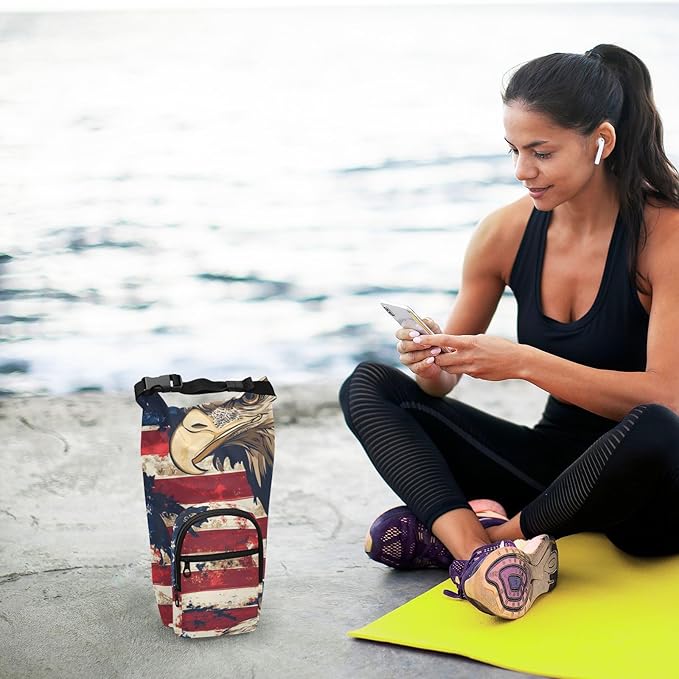 Blue and Red Eagle and Flag Water Bottle Holder with Strap Insulated Water Bottle Carrier Crossbody Bags Pouch with Phone Pocket for Travel Gym Hiking Walking Running