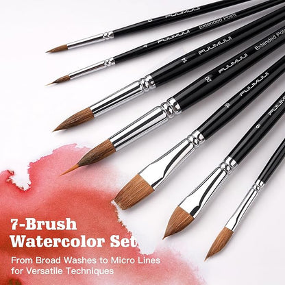 Watercolor Brush Set, Fuumuui 7pcs Professional Sable Paint Brushes with Extended Needle, Round Point, Flat, Dagger, Cat's Tongue for Watercolor, Acrylic, Gouache – Detail & Wash Painting