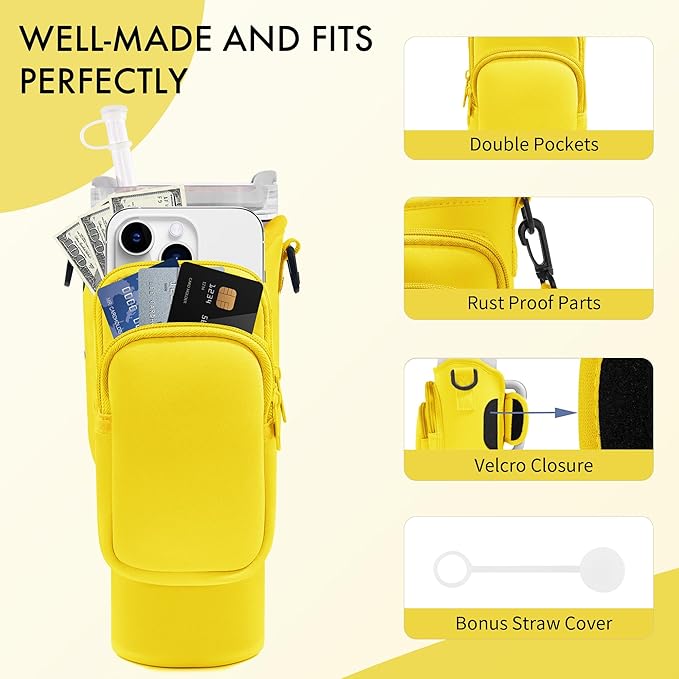 Water Bottle Carrier Bag with Phone Pocket for Stanley Cup 40/30 oz, Water Bottle Holder with Adjustable Strap& Straw Cover, Stanley Cup Accessories