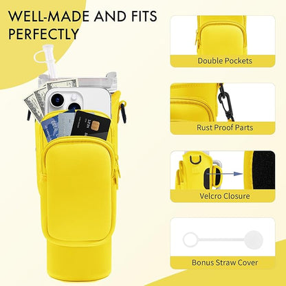 Water Bottle Carrier Bag with Phone Pocket for Stanley Cup 40/30 oz, Water Bottle Holder with Adjustable Strap& Straw Cover, Stanley Cup Accessories