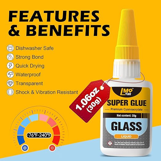 Glass Super Glue Liquid, Clear Instant Cyanoacrylate Adhesives for Glass Repair, All Purpose CA Glue for Ceramic Crystal Jewelry Mirror Plastic Model Metal Wood Pottery Porcelain Stone, Thin