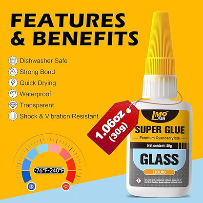 Glass Super Glue Liquid, Clear Instant Cyanoacrylate Adhesives for Glass Repair, All Purpose CA Glue for Ceramic Crystal Jewelry Mirror Plastic Model Metal Wood Pottery Porcelain Stone, Thin