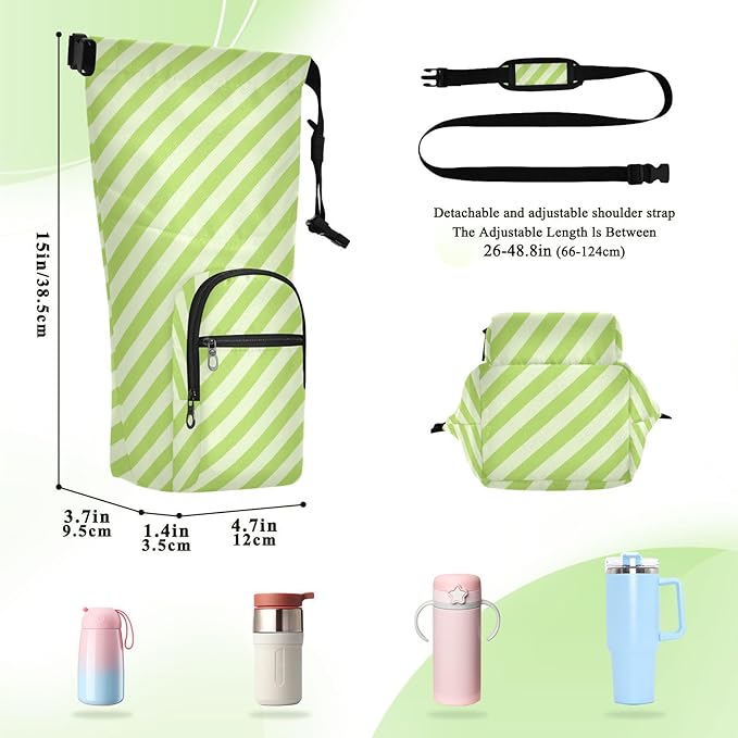 Green Stripes Water Bottle Holder with Strap Insulated Water Bottle Carrier Crossbody Bags Pouch with Phone Pocket for Travel Gym Hiking Walking Running