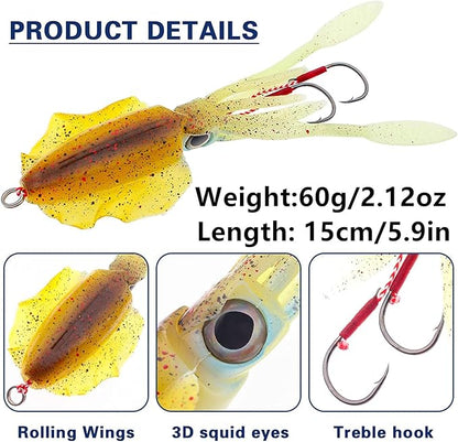 Squid Fishing Lures Large Simulation Luminous Artificial Lures Baits with 3D Holographic Eyes & Treble Hook, Built in Lead Blocks, Lifelike Plastic Fishing Soft Lures for Saltwater Fishing