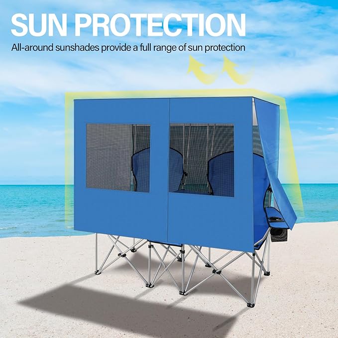 Double Beach Chair with Canopy Shade,Heavy Duty Camping Chair for Aduls,Folding Beach Chair with Cup Holder Cooler Bag for Sports Beach Outside（Blue）