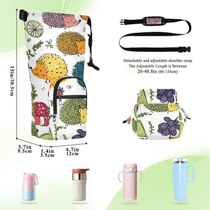 Colorful Doodle Hedgehogs Water Bottle Holder with Strap Insulated Water Bottle Carrier Crossbody Bags Pouch with Phone Pocket for Travel Gym Hiking Walking Running