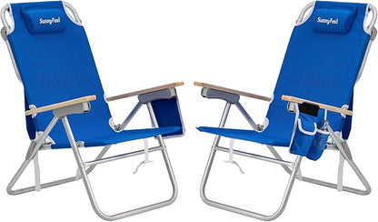 SUNNYFEEL High Back Folding Beach Chair, Tall Beach Chair with 3 Reclining Position, Portable Camping Chair for Adults with Wood Armrest, Lightweight Camping Chair 300 lbs Heavy Duty, Blue, 2 Pack
