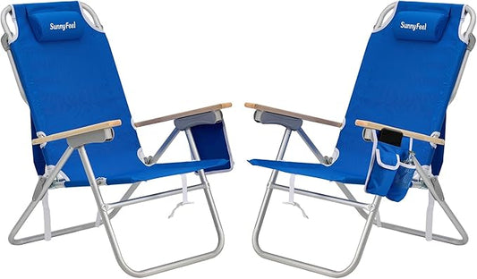 SUNNYFEEL High Back Folding Beach Chair, Tall Beach Chair with 3 Reclining Position, Portable Camping Chair for Adults with Wood Armrest, Lightweight Camping Chair 300 lbs Heavy Duty, Blue, 2 Pack