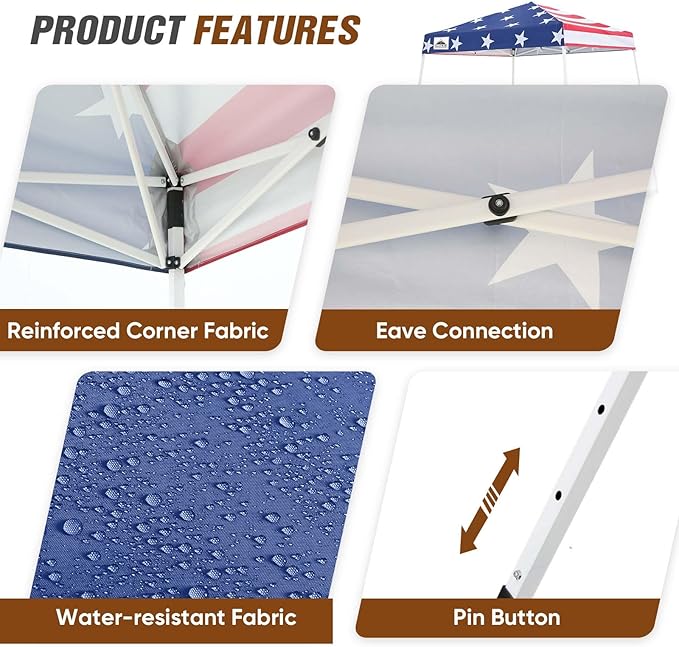 EAGLE PEAK 8x8 Slant Leg Pop-up Canopy Tent Easy One Person Setup Instant Outdoor Beach Canopy Folding Portable Sports Shelter 8x8 Base 6x6 Top (American Flag)