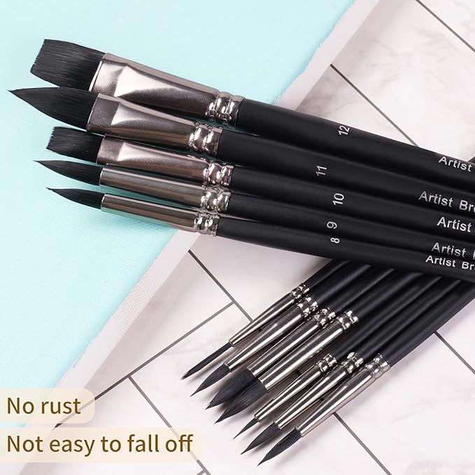 Watercolor Paint Brush Set,12Pcs Professional Paint Brushes for Acrylic Painting,Soft Synthetic Fine Hair Oil Paint Brushes,Flat,Round, Cat's Tongue,Liner for Detail Painting and Art Painting