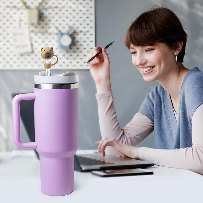 8 silicone straw lids and mug covers for Stanley Cup 30-40 oz. with handle straw cups, 10mm straw lids, dust-proof reusable straw cup lid accessories (4 colors, bear pattern design)