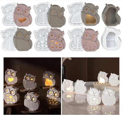 7 Packs DIY Epoxy Resin Soft Silicone Molds, MUAECH Halloween Wisdom Owl Hollowed-Out Egg Lamp Mold, 6 Face Covers and 1 Base Box, Owls Wearing Glasses Candle Stand Moulds Handmade Art Crafts