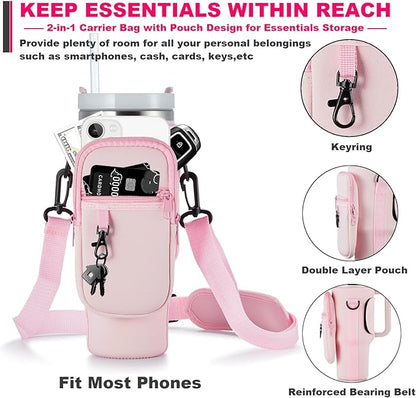 Water Bottle Carrier Bag with Phone Pocket for Stanley 40 & 30 oz Tumbler with Handle,Pink Insulated Neoprene Cup Holder Pouch w/Adjustable Strap for Quencher H2.0 Stanley Cup Accessories