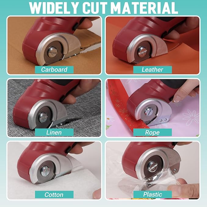 VLOXO Cordless Electric Scissors, Electric Box Cutter 4V Power Rotary Scissors Rechargeable Cardboard Cutter with Safety Lock Multi-Cutting Tools for Leather Carpet Canvas (Red)