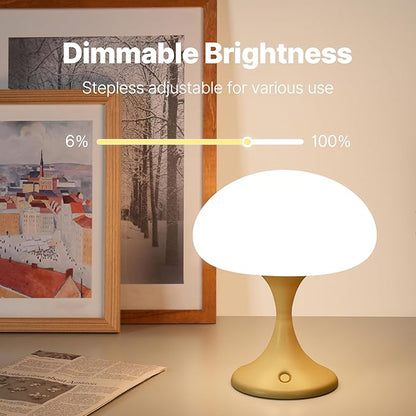 Mushroom Lamp, 5W LED Cordless Rechargeable Table Lamp with Glass Shade, Small Retro Dimmable Touch Light with 3 Color Temps, Aesthetic Mid Century Bedside Light for Bedroom Ambient, Mustard