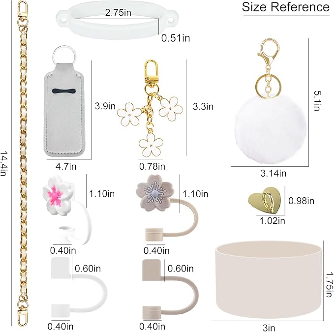 Velaco 11 PCS Accessories for Stanley Cup, Water Bottle Handle Strap for Stanley 30/40 oz tumbler with handle, including Straw Toppers, Silicone Cup Boot, Keychain Charms - White