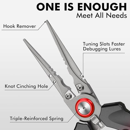 TRUSCEND Lockable Handy Fishing Pliers with Innovative Ergonomic Handle, Saltwater Corrosion Resistant Teflon Coated Fishing Tool, Multi-Function Fishing Gear with Mo-V Cutter, Amazing Fishing Gift