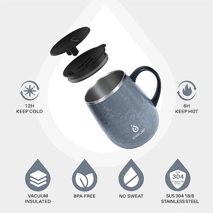 Ideus 16 oz Insulated Coffee Mug with Handle and Lid, Double Wall Stainless Steel Vacuum Thermal Coffee Mug, Travel Coffee Cup Thermal Cup for Home and Office, Leopard Gray