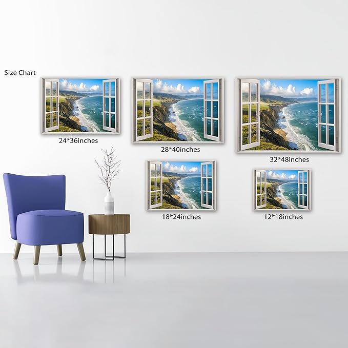 ANRUOXI Beach Window Canvas Wall Art, Enclosed Bedroom Living Room Ocean Coastal Channel Scene Picture, Tropical Sea Landscape Painting Print Artwork Horizontal Seascape Artwork for Bedroom 24x36 Inch