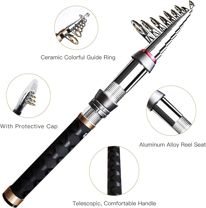 Fishing Pole Kit, Carbon Fiber Telescopic Fishing Rod and Reel Combo with Spinning Reel, Line, Bionic Bait, Hooks and Carrier Bag, Fishing Gear Set for Beginner Adults
