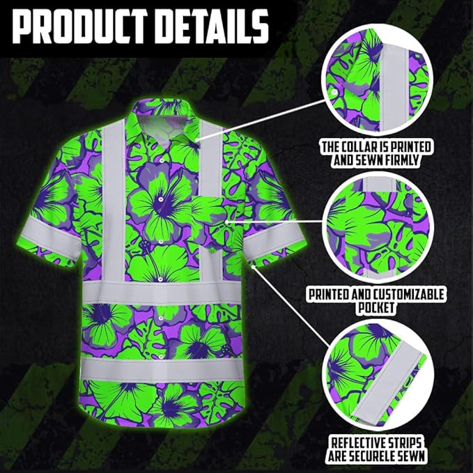 High Visibility Hawaiian Shirt for Men Tropical Shirts Custom Name Floral Outfit Reflective Safety Workwear