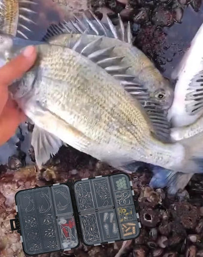 Fishing Accessories Kit with Hooks, Bass Casting, Sinkers, Swivels, Snaps, Sinker Slides, Line Beads, Fishing Set with Tackle Box Lanyard