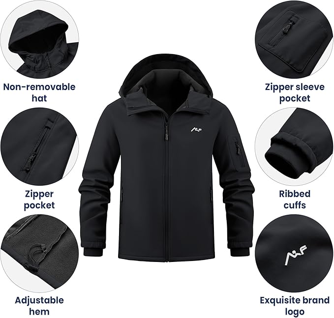 WULFUL Men's Lightweight Softshell Jacket Warm Fleece Lined Windbreaker Waterproof Soft Shell for Outdoor Hiking