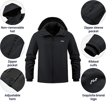 WULFUL Men's Lightweight Softshell Jacket Warm Fleece Lined Windbreaker Waterproof Soft Shell for Outdoor Hiking