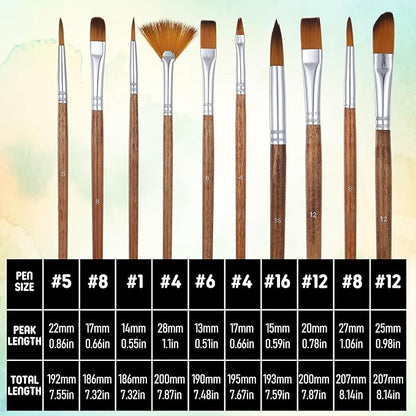 10 PCS Artist Watercolor Paint Brushes, Wooden Art Painting Brush Assorted Set Professional Artist Paint Brush Set Different Sizes Detail Paints Brushes for Watercolor Acrylic Gouache Ink Tempera