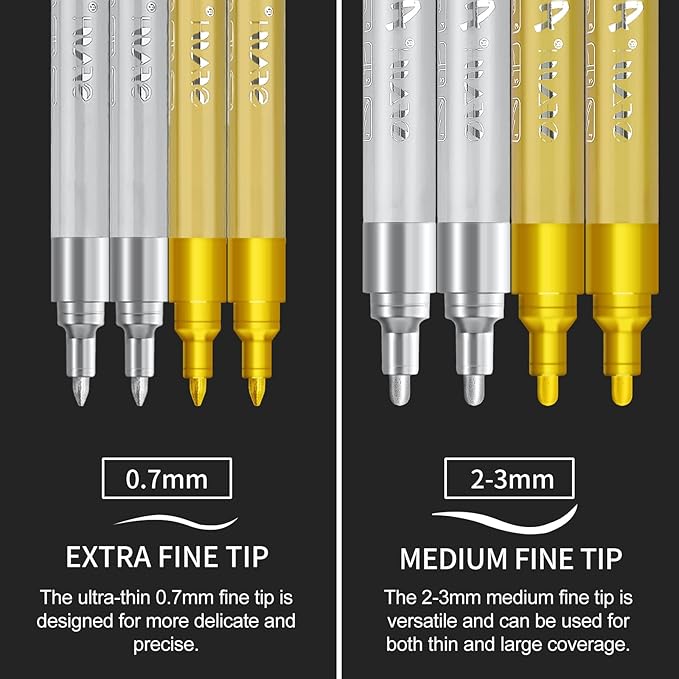 SFAIH Gold & Silver Acrylic Paint Markers - 8 Pack 2-3MM Medium Tip & 0.7MM Extra Fine Paint Pens for Rock Painting, Wood, Metal, Fabric, Plastic, Canvas, Glass, Ceramic, Diy Crafts