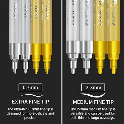 SFAIH Gold & Silver Acrylic Paint Markers - 8 Pack 2-3MM Medium Tip & 0.7MM Extra Fine Paint Pens for Rock Painting, Wood, Metal, Fabric, Plastic, Canvas, Glass, Ceramic, Diy Crafts