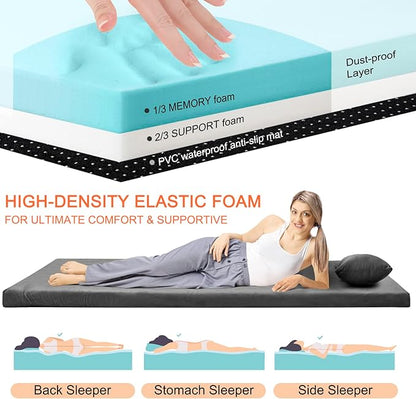 Memory Foam Camping Mattress Sleeping Pad, 3" Thick Waterproof Portable Roll Up Sleeping Mats & Floor Mattress Pad with Pillow + Travel Bag for Camping Car Truck SUV Tent Sleepover Kids Adult
