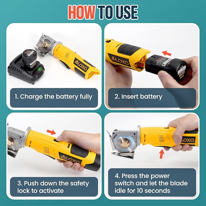 VLOXO Electric Rotary Fabric Cutter Cordless Electric Scissors, Multi-layer Fabric Cutter with Safety Lock and Replacement Blade Power Rotary Scissors for Cutting Leather, Carpet, Thick Fabric