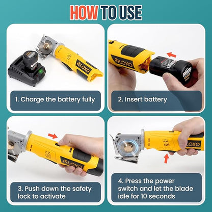 VLOXO Electric Rotary Fabric Cutter Cordless Electric Scissors, Multi-layer Fabric Cutter with Safety Lock and Replacement Blade Power Rotary Scissors for Cutting Leather, Carpet, Thick Fabric