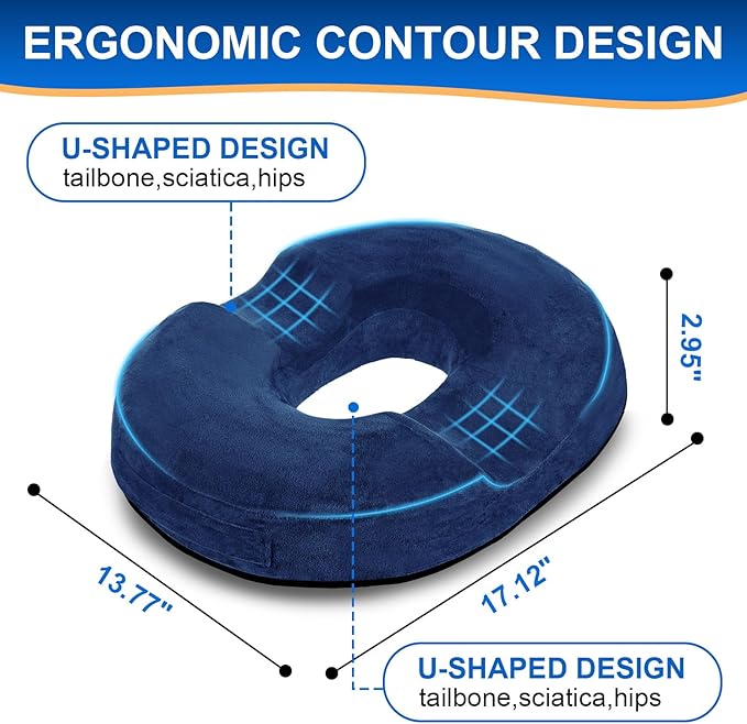 Donut Cushion Memory Foam Hemorrhoids Cushion for Postpartum & Coccyx & Tailbone Pain Pressure Relief for Office Chair, Wheelchair, Office, Car Seat (Blue)