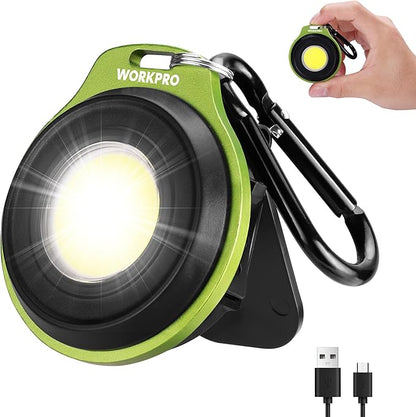 WORKPRO Mini Keychain Work Light, COB Keychain Flashlight with Hat Clip, Rechargeable Magnetic EDC Carabiner Flashlight, 3 Light Modes Emergency Light for Camping, Biking and Car Repairing, Green