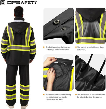 Hi Vis Safety rain Jacket，Reflective Class 3 Rain coat with Inner Mesh Lining and Pockets High Visibility Waterproof work Rain Suits for men&women（Black,SM/MD）