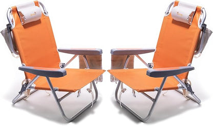 SUNNYFEEL Beach Chairs for Adults 2 Pack 5 Position Lay Flat, Portable Folding Backpack Beach Chair Heavy Duty with Cooler Bag, Cup Holder for Outdoor/Lawn/Picnic, Foldable Camping Chair