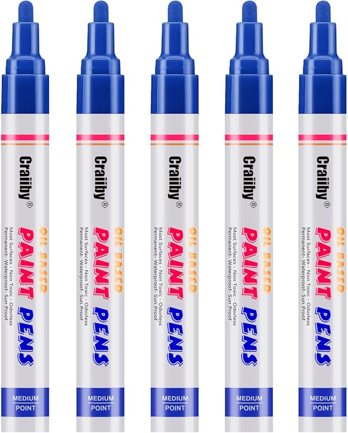 Blue Paint Markers, 5 Pack Oil-Based Waterproof Quick Dry Permanent Paint Pen Set for Rocks Painting, Wood, Fabric, Plastic, Canvas, Glass, Mugs, Metal, Tire, Stone, DIY Craft
