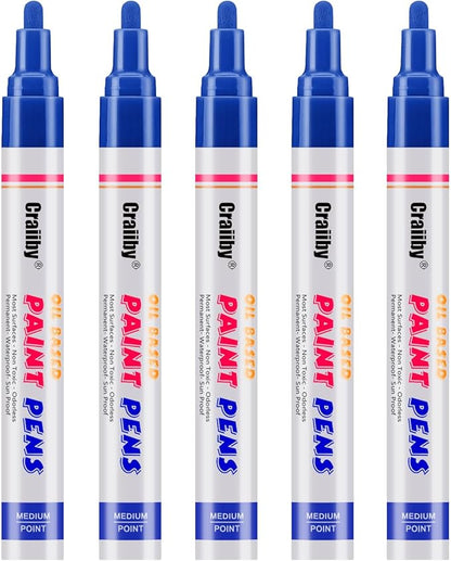 Blue Paint Markers, 5 Pack Oil-Based Waterproof Quick Dry Permanent Paint Pen Set for Rocks Painting, Wood, Fabric, Plastic, Canvas, Glass, Mugs, Metal, Tire, Stone, DIY Craft