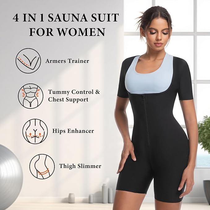 Sauna Suit for Women Weight Loss Sweat Waist Trainer Shaper Full Body Compression Shirt Slimming Workout Sweat Suit